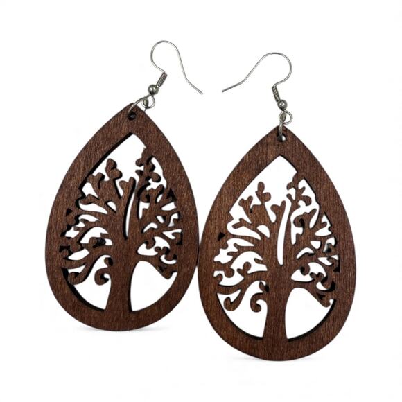 Wooden Cutout Tree of Life Earrings Silver Plated Ear Wires Handmade - Picture 2 of 4